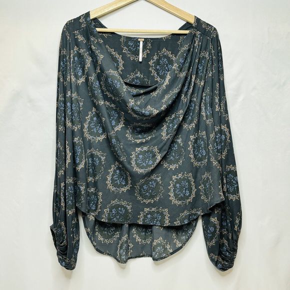 Free People Cowling Around Top SMALL Ballon Sleeve Floral Oversized Drape Boho - Picture 2 of 14